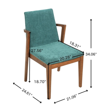 Set of 2 Mid-Century Green Fabric Arm Dining Chairs, Walnut Rubber Wood Frame 250lbs Capacity