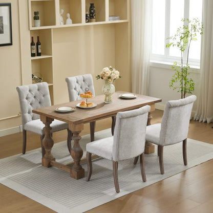 Upholstered Chenille Dining Chair Set of 2, Tufted Accent Chair with Curved Solid Wood Legs, Beige