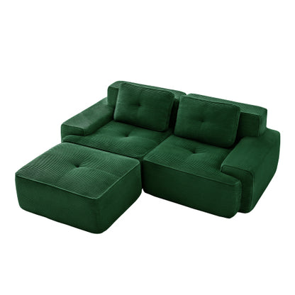 82 inch  Green L-Shaped Corduroy Modular Sofa, Movable Ottoman, No Assembly Required