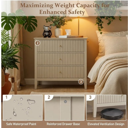 32inch Beige Fluted 3-Drawer Nightstand
