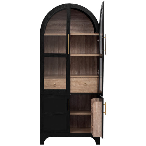 71inch  Arched Farmhouse Pantry Cabinet with Glass Doors Black