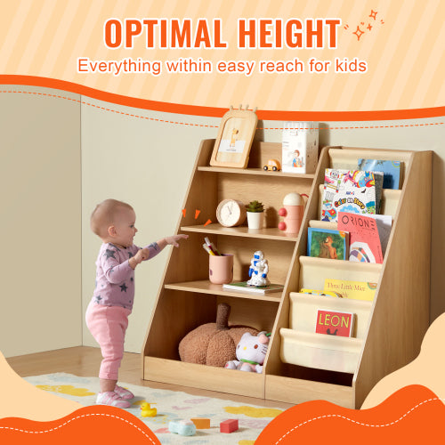 4-Tier Wooden Kids Bookshelf with Sling Book Rack for Playroom