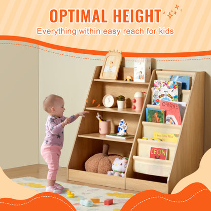 4-Tier Wooden Kids Bookshelf with Sling Book Rack for Playroom