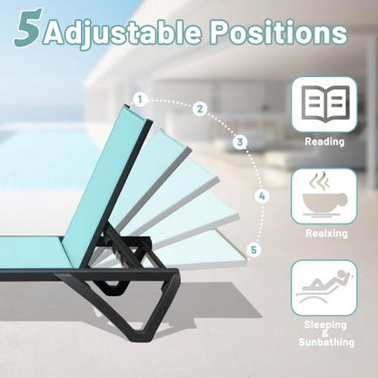 Outdoor Lounge Chair, 2 Pieces Aluminum Plastic Patio Chaise Lounge with 5 Position Adjustable Backrest and Wheels, All Weather Reclining Chair for Outdoor, Beach, Yard, Pool, Lake Blue