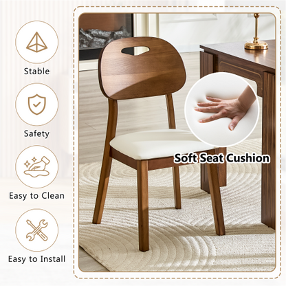 Set of 2 Walnut Solid Wood Dining Chairs, Curved Hollow Back with White PU Cushion