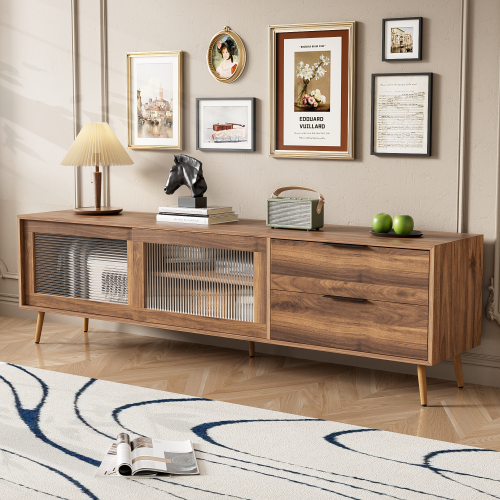 70.8 Inch Walnut Mid-Century TV Stand Tempered Glass Sliding Door Media Console for 75 inch+ TV