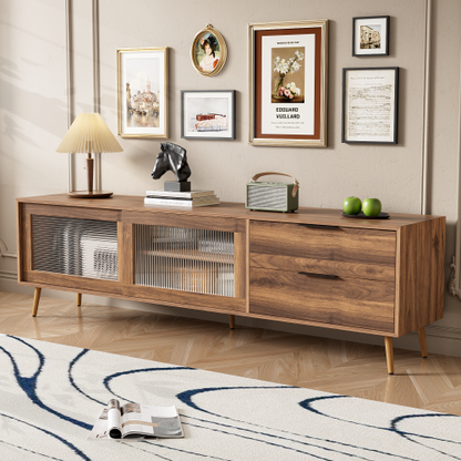 70.8 Inch Walnut Mid-Century TV Stand Tempered Glass Sliding Door Media Console for 75 inch+ TV