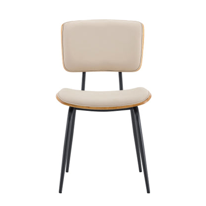Mid-Century Faux Leather Dining Chairs Set of 2, Walnut Veneer Backrest & Metal Legs, White