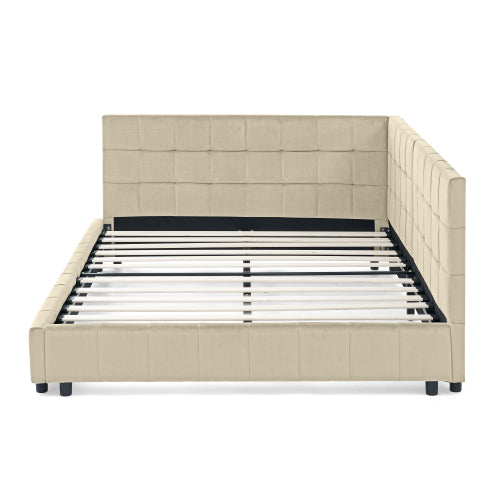Full Size Upholstered Tufted  Bed Frame, Sofa Bed Frame with Comfortable Backrest and Armrests, Full Size Bed for Bedroom, Living Room,Velvet, NEW BEIGE(80.5inch *59inch *30.5inch )