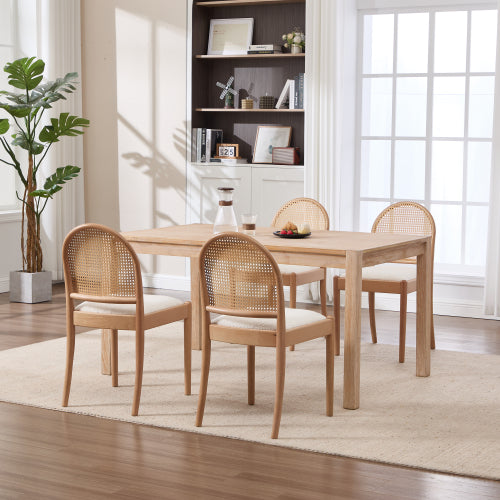Set of 2 Beige Rattan Back Linen Dining Chairs, Solid Wood Leg Teddy Cushion 275lbs Capacity