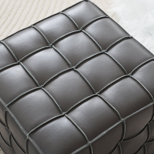 17.32 Inch Grey Genuine Leather Tufted Ottoman, Multi-Purpose Square Footstool for Bedroom & Living Room