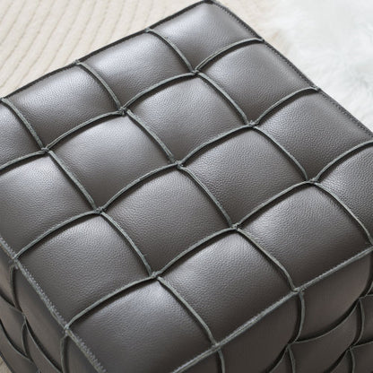 17.32 Inch Grey Genuine Leather Tufted Ottoman, Multi-Purpose Square Footstool for Bedroom & Living Room