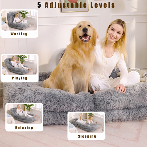 Light Gray 5-Position Adjustable Human-Size Floor Sofa Bed, Plush Faux Fur