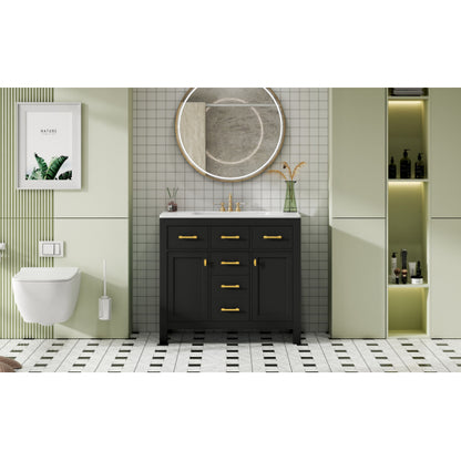 36'' Bathroom Vanity with Ceramic Sink Combo Set,Modern Freestanding Single Bathroom Cabinet with 4 Drawers & 2 Cabinets,Storage Cabinet for Bathroom, Solid Wood Frame Vanity Set, Black