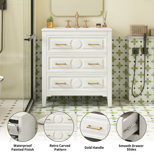 30'' Bathroom Vanity with Ceramic Sink Combo, Free Standing Single Vanity Set with 3 Drawers, Solid Wood Frame Bathroom Storage Cabinet, White