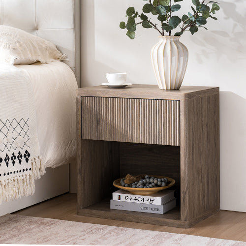 Grey Alder Fluted Nightstand, EPA Certified Engineered Wood Mid-Century Side Table with Drawer & Open Compartment