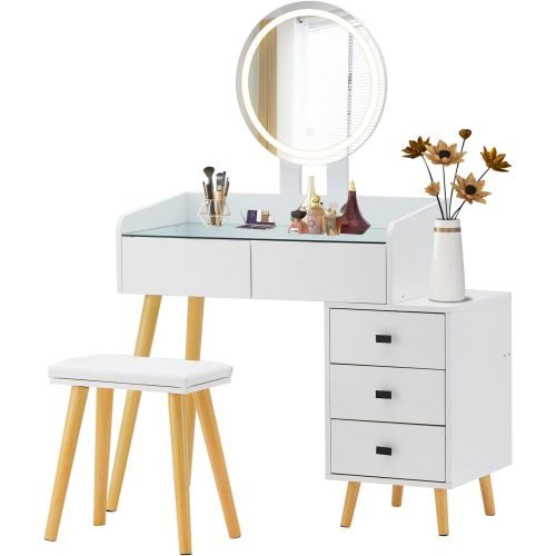 White LED Vanity Desk with Glass Top & Extendable Side Table, 5 Drawers, Mirror & Stool, Padded Leather Seat
