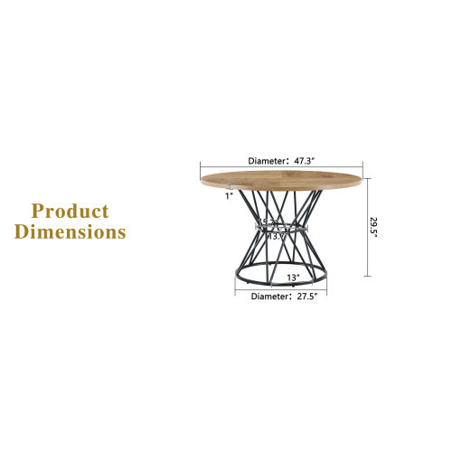47.3 Inch Light Wood Grain Round Dining Table with Hourglass Metal Bracket for 4-6 People