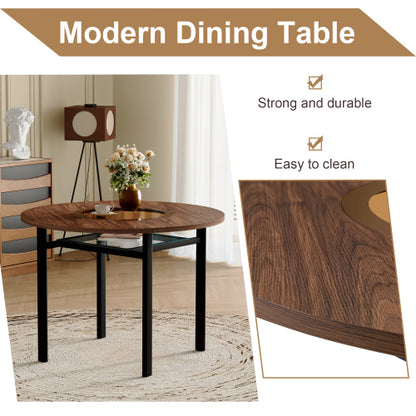 Round Wood Grain Dining Table with Glass Inlay & Glass Shelf