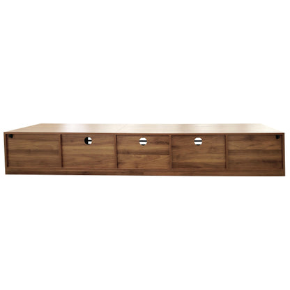 86.6 inch Walnut Legless Horizontal Slat Flip Door TV Stand Low Profile Media Console Fits 90 inch TV