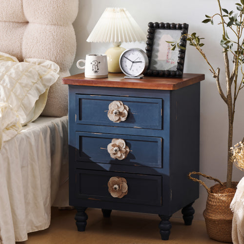 Navy Distressed 3-Drawer Farmhouse Nightstand