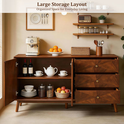 56 Inch Walnut Brown Mid Century TV Stand Sideboard with 3 Drawers & Double Door Storage Cabinet