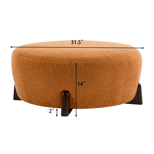 Round Boucle Ottoman, Pumpkin Orange Upholstered Footrest with Splayed Rubber Wood Legs, Multi-Scene Accent Stool