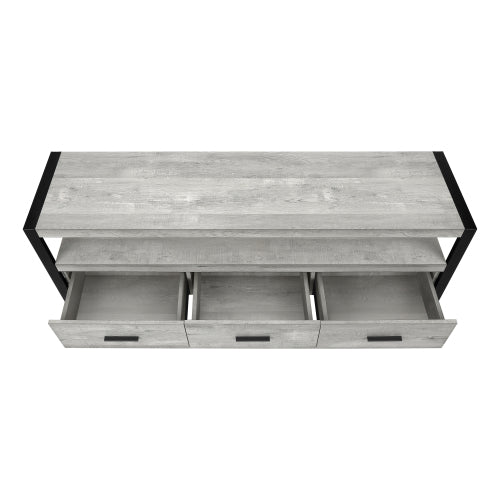 60 Inch Rustic Grey Industrial TV Stand with Black Metal Frame & 3 Metal Glide Drawers