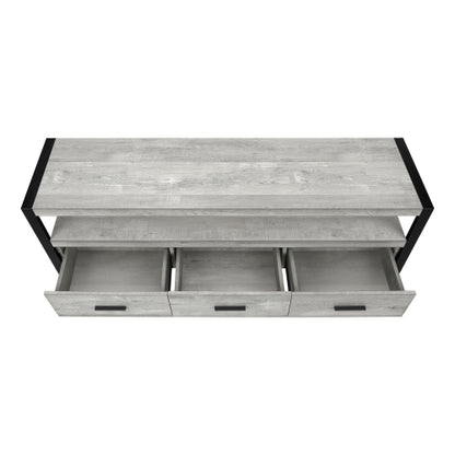 60 Inch Rustic Grey Industrial TV Stand with Black Metal Frame & 3 Metal Glide Drawers