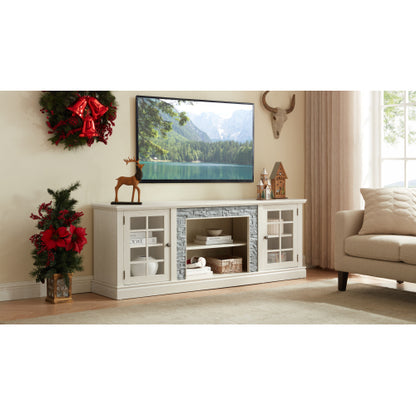 70 Inch White Faux Stone 2-Door TV Stand 4 Adjustable Shelves 6 Cable Holes Media Cabinet for 75 Inch TV