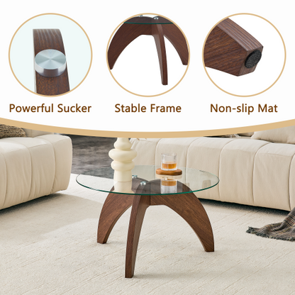 Claw Leg Round Glass Coffee Table Walnut MDF 27.5 Inch Load 300 lbs