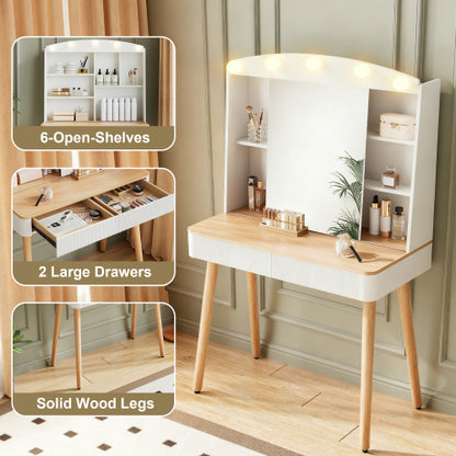 White Small Vanity Desk with Mirror & Lights, Sliding Mirror, 2 Fluted Drawers, 3 Lighting Colors, Natural Wood Accent