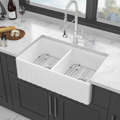 White Farmhouse Sink - 33 x 20 x 10 inch White Ceramic Porcelain Double Bowl Reversible Design Farm Kitchen Sink