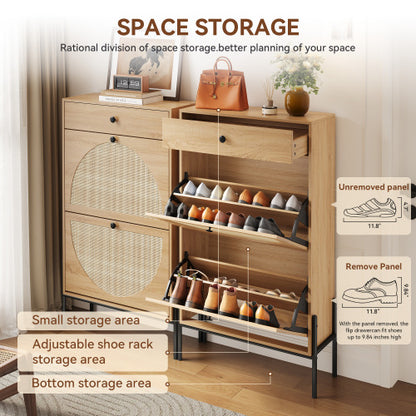 2-Door Shoe Storage Cabinet with Rattan Fronts & Drawer / Freestanding Entryway Organizer with Adjustable Shelf, WOOD