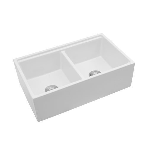 White Farmhouse Sink Workstation - 33 x 20 x 10 inch White Porcelain Ceramic Double Bowl Farm Kitchen Sink