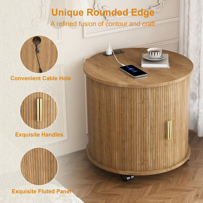 Osk Cylinder Nightstand, Mid-Century Round Side Table with USB Charging & Sliding Door