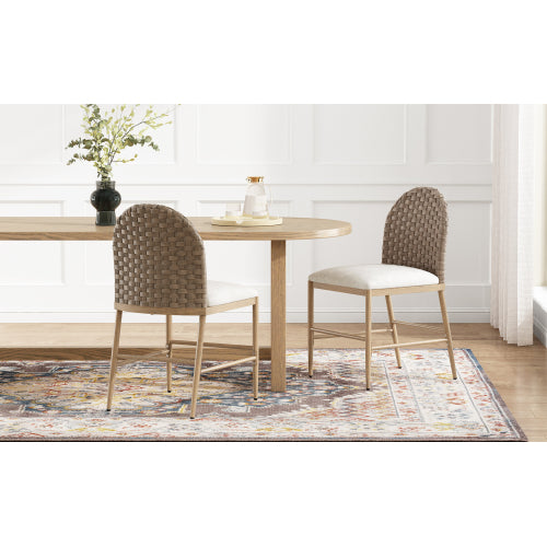 Set of 2 Brown Farmhouse Iron Frame Rattan Back Dining Chairs, 400 LBS High Load Capacity Armless Side Chairs
