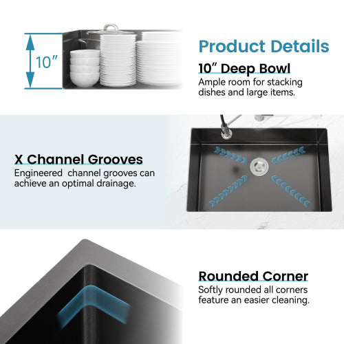 Stainless Steel Kitchen Sink, 27″x19″ Single Bowl, Undermount Handmade Sink in Black, with US Standard Drain and Hook