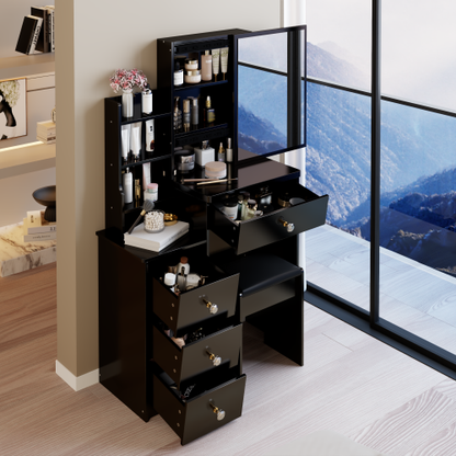 White 29.2 inch  Small Space Left Bedside Cabinet Vanity Table + Cushioned Stool, Extra Large Right Sliding Mirror