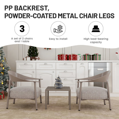 Holiday - Modern 2-Piece Accent Chair Set with Coffee Table – Warm Grey PP & Steel Frame Sofa Set, Soft Cushioned Seating for Living Room, Lounge, Balcony (2 Chairs + 1 Table)