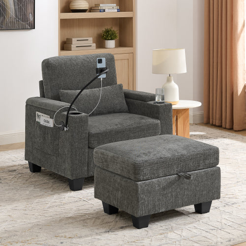 Gray Manual-Adjust Recliner Chair with USB, Storage & Ottoman