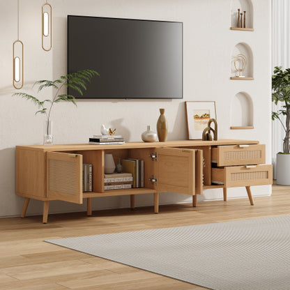 70.87 inch Natural Wood PE Rattan TV Stand 2 Drawer Media Console Fits Up To 80 Inch TV