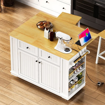 48inch Kitchen Island with 2 Bar Stools, Power Outlet, Door Internal Storage Rack, Kitchen Storage Cart on 5 Wheels with Drop Leaf, 5 Side Racks, 2 Drawers,White