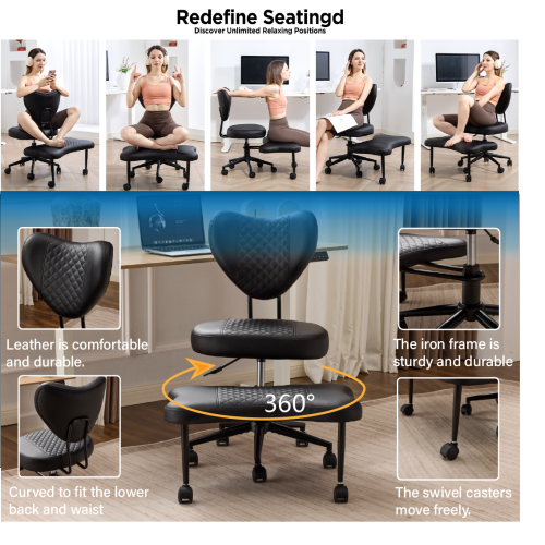Upgraded Ergonomic Cross Legged Swivel Chair, Adjustable Height and PU Leather, Meditation& ADHA Chair with Back Support, Home and Office,Yoga Chair, Black