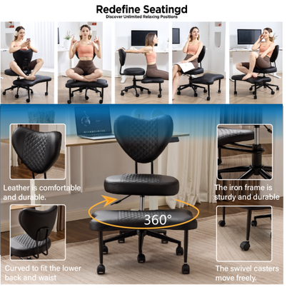 Upgraded Ergonomic Cross Legged Swivel Chair, Adjustable Height and PU Leather, Meditation& ADHA Chair with Back Support, Home and Office,Yoga Chair, Black