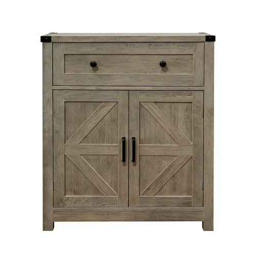 Light Gray-Washed Wood Farmhouse Barn-Door Storage Cabinet, Coffee Bar Buffet Sideboard with Drawer for Kitchen & Living Room