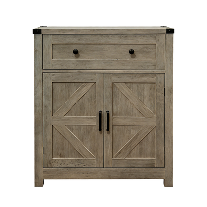 Light Gray-Washed Wood Farmhouse Barn-Door Storage Cabinet, Coffee Bar Buffet Sideboard with Drawer for Kitchen & Living Room
