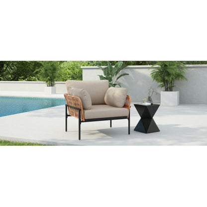 36" Beige and Light Wood-Tone Rope Iron Lounge Chair with Cushions, Perfect for Natural and Modern Spaces