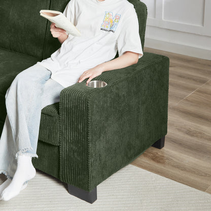 Green 83.86-Inch Modern Compressed 3-Seater Corduroy Sofa with Cup-Holders Removable-Washable Cushions