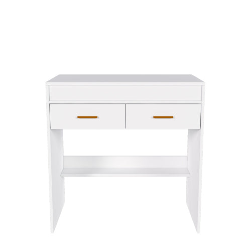 White Flip Top Vanity Desk with LED Lighted Mirror & Built-in Outlet, 2 Drawers, Open Storage, Jewelry Hooks